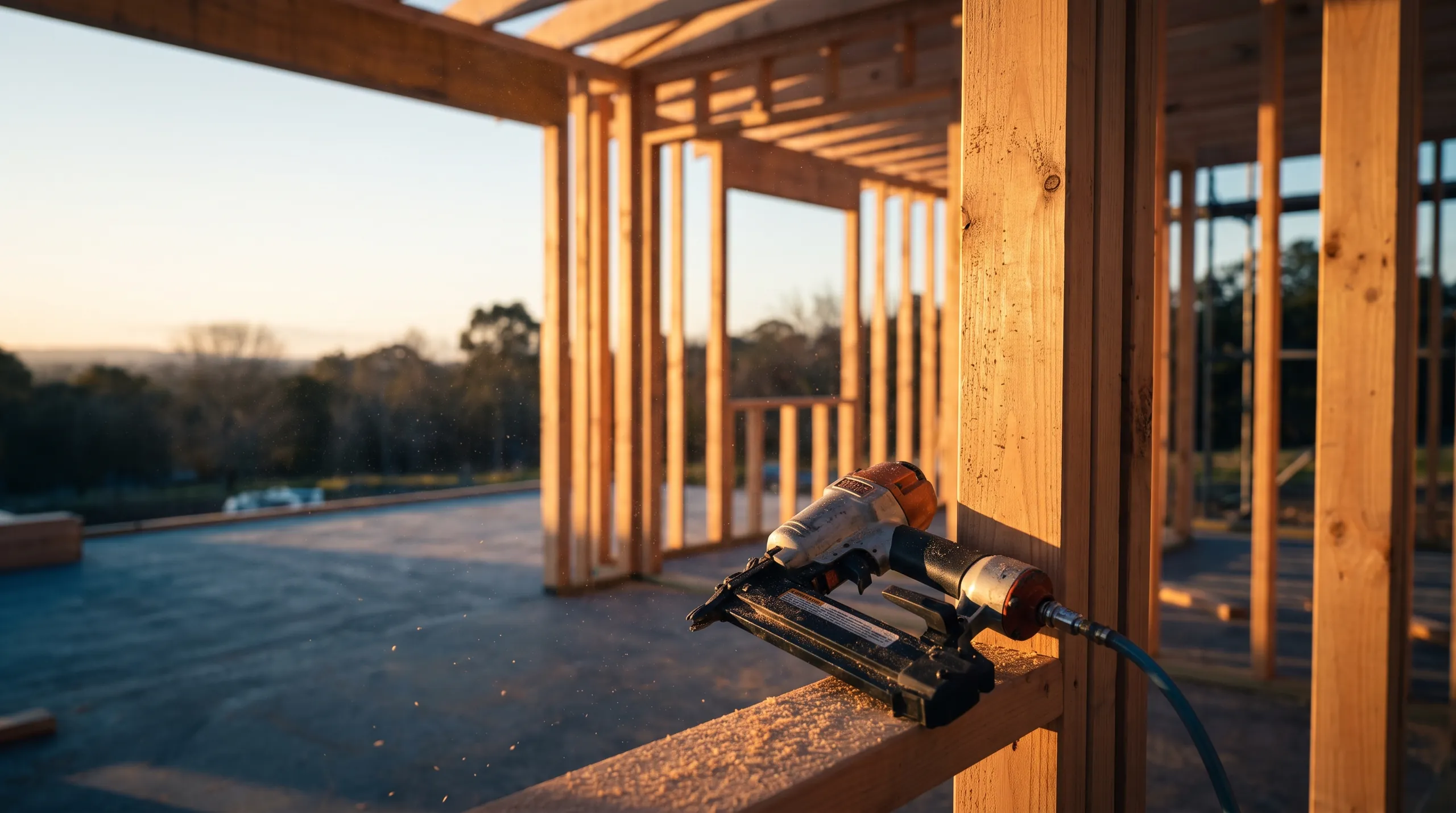 A timber wall frame going up on a house slab