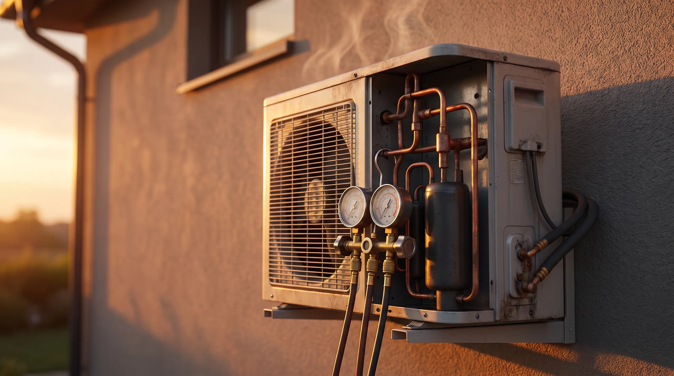 A split-system air conditioner with service gauges attached
