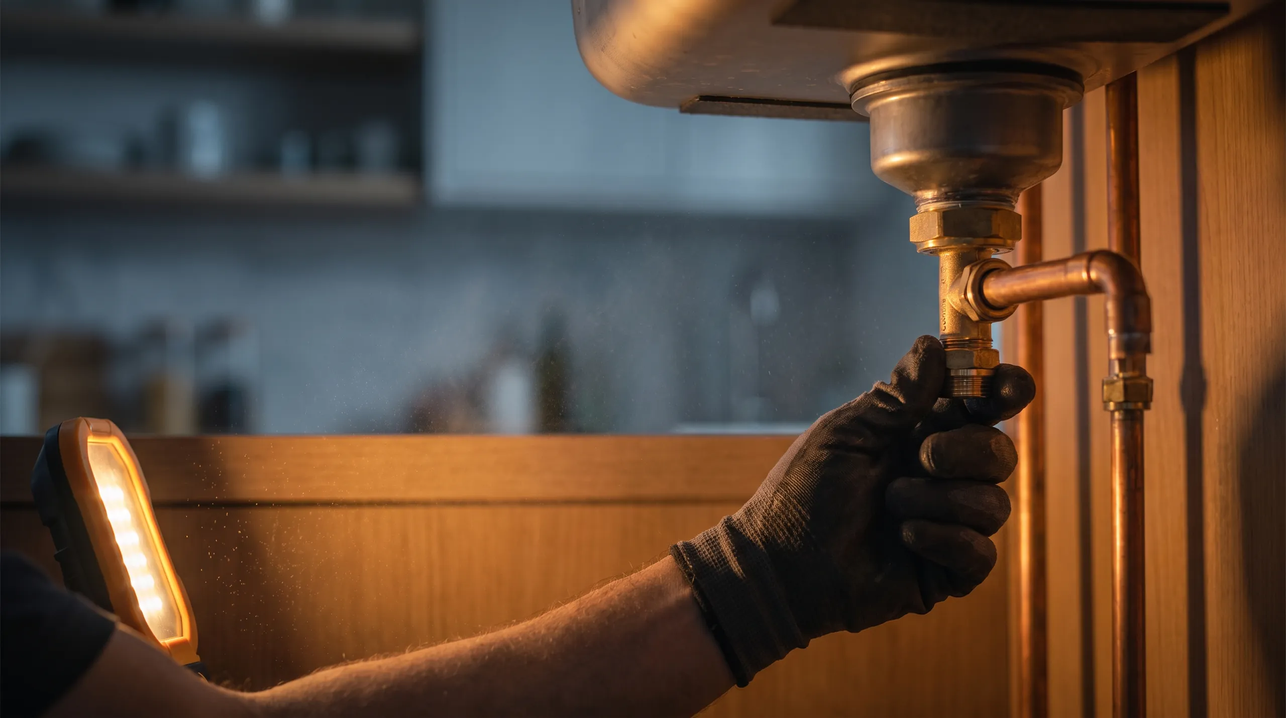 Copper pipework being fitted under a kitchen sink