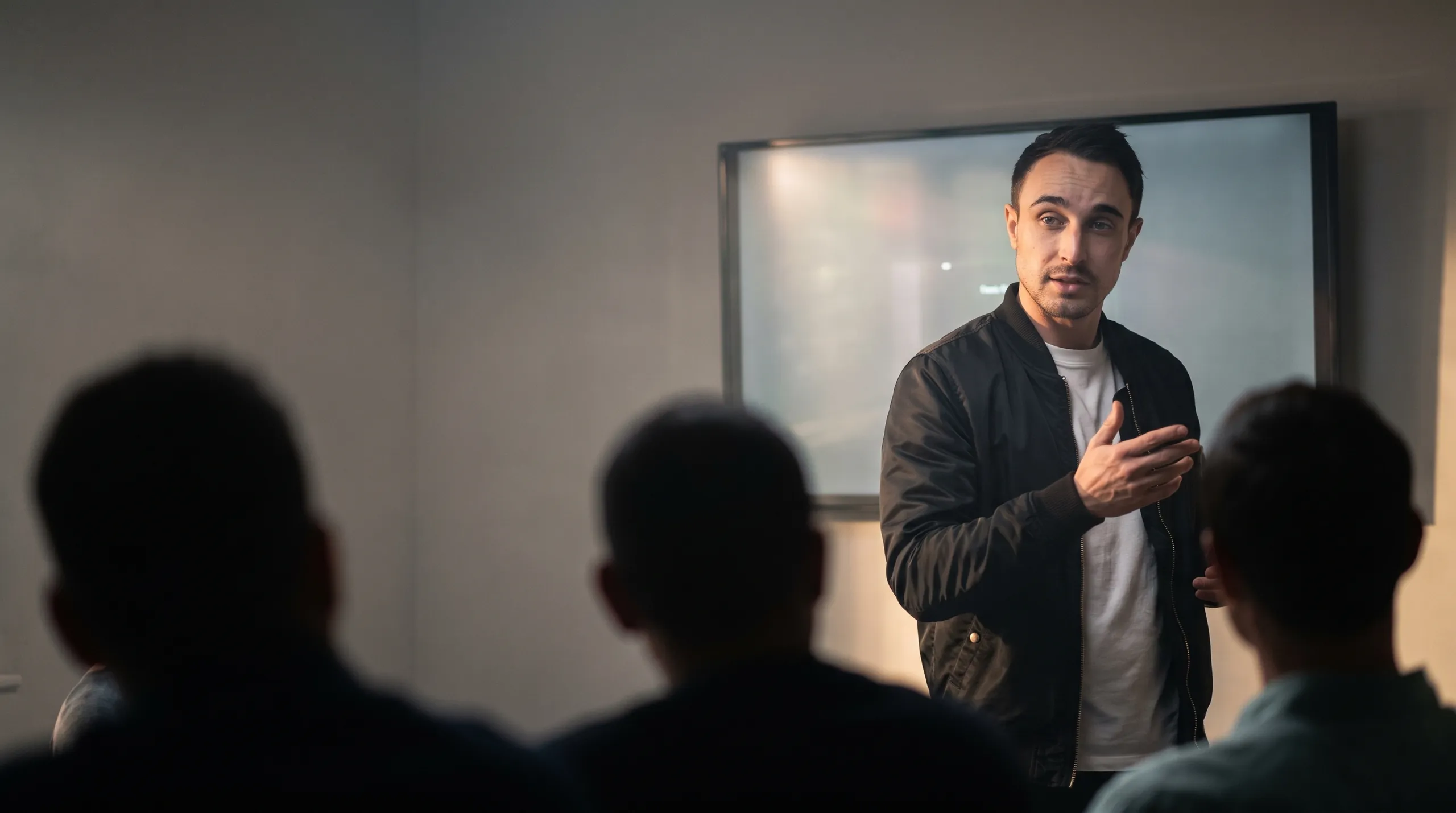 Jack Alexander presenting to a small team at a wall screen (illustrative)