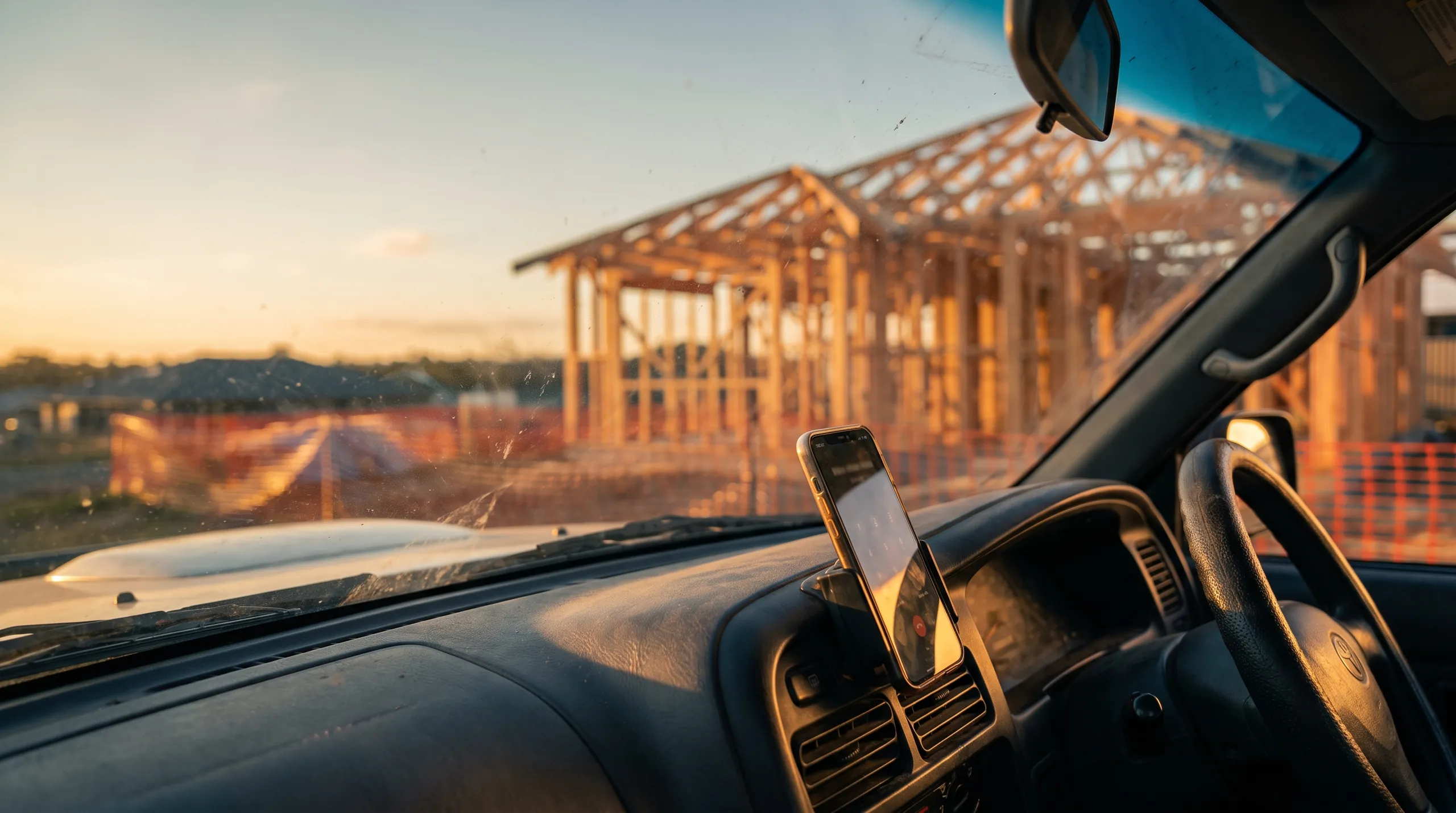 A phone ringing in the cab of a work ute parked at a job site