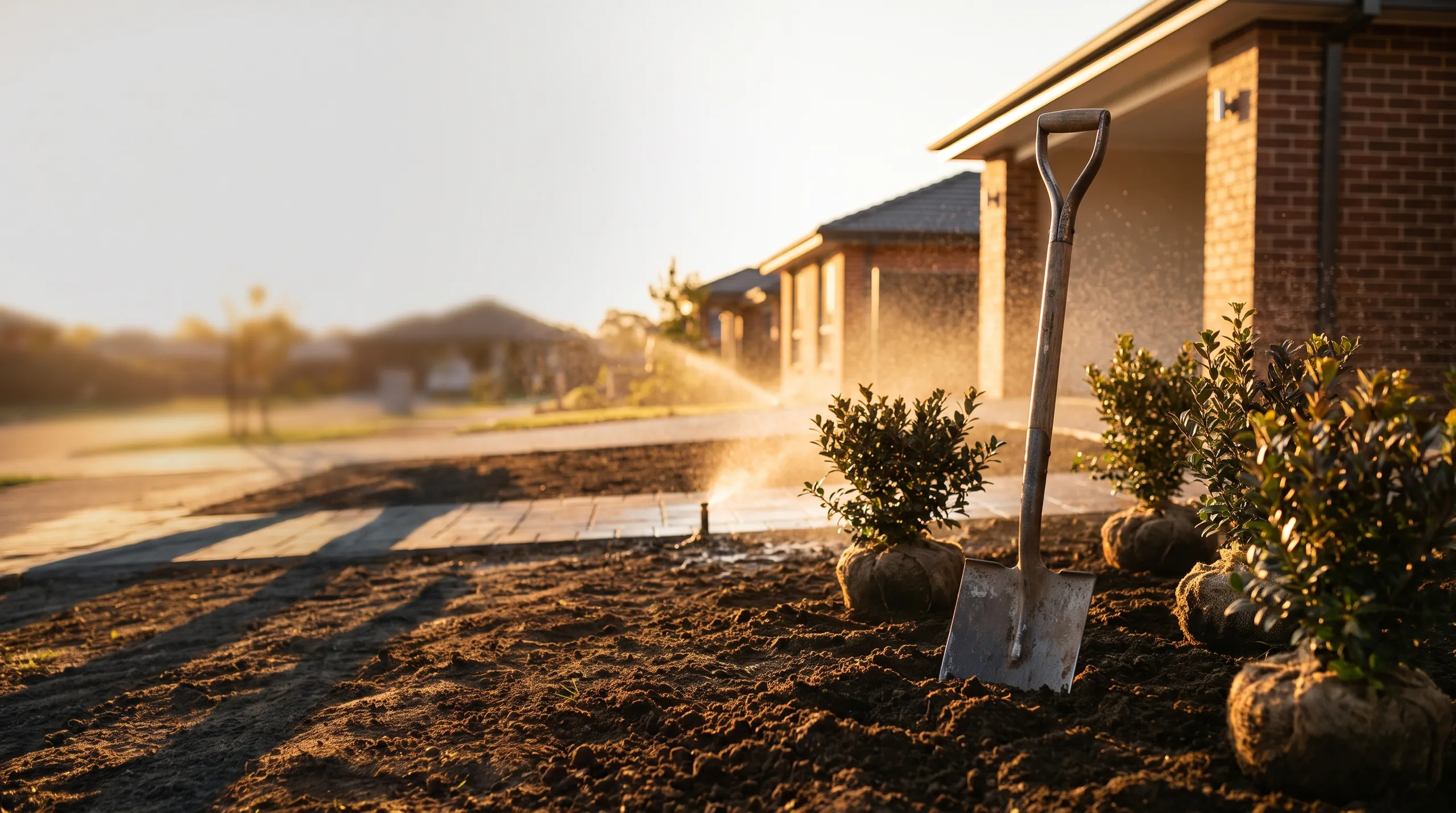 A half-planted garden bed with a spade in the soil